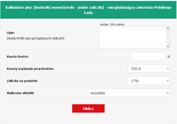 Kalkulator płac (kontrakt menedżerski - pobór zaliczki) - uwzględniający założenia Polskiego Ładu