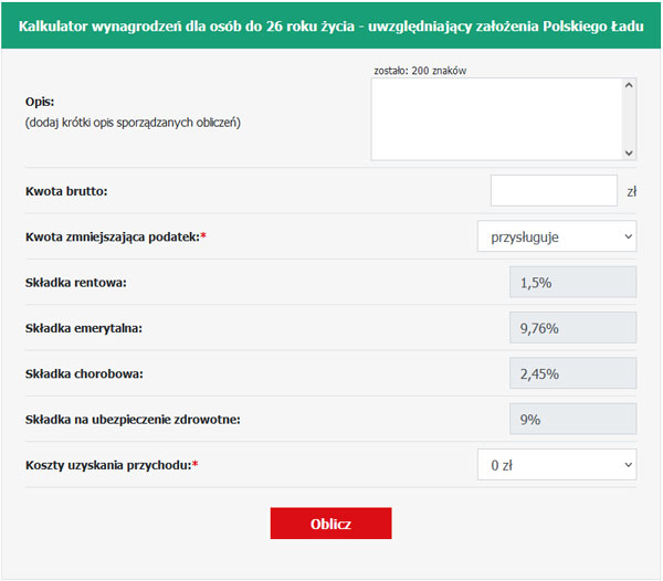 Kalkulator wynagrodzeń dla osób do 26 roku życia - uwzględniający założenia Polskiego Ładu