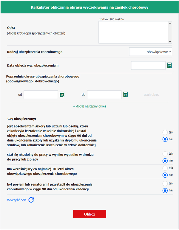 Kalkulator obliczania okresu wyczekiwania na zasiłek chorobowy