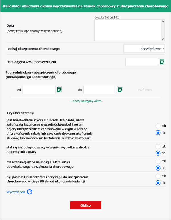 Kalkulator obliczania okresu wyczekiwania na zasiłek chorobowy