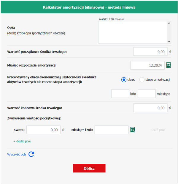 Kalkulator amortyzacji bilansowej - metoda liniowa