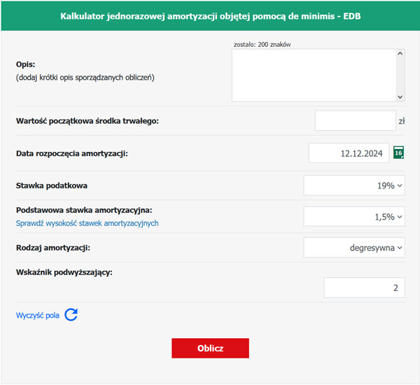 Kalkulator jednorazowej amortyzacji objętej pomocą de minimis