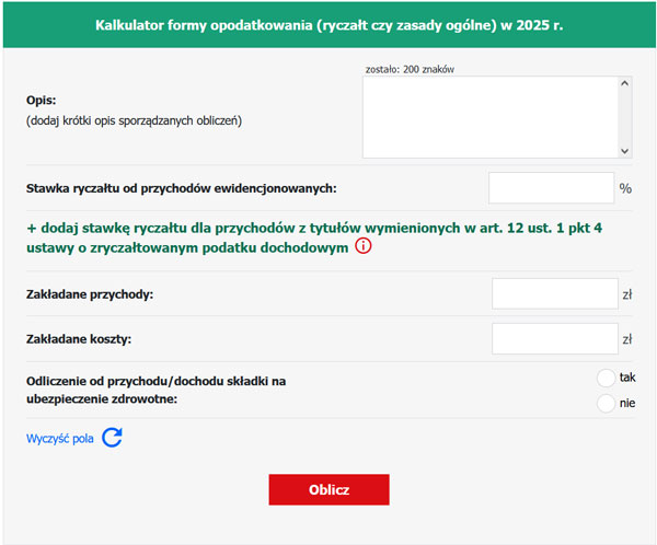 Kalkulator formy opodatkowania (ryczałt czy zasady ogólne) w 2025 r.