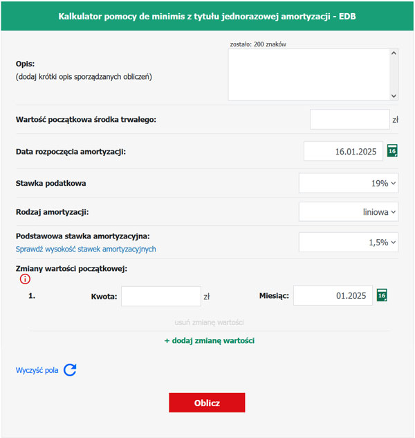 Kalkulator pomocy de minimis z tytułu jednorazowej amortyzacji - EDB