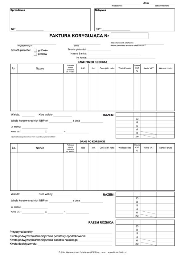 Faktura Korygująca - Www.druki.gofin.pl