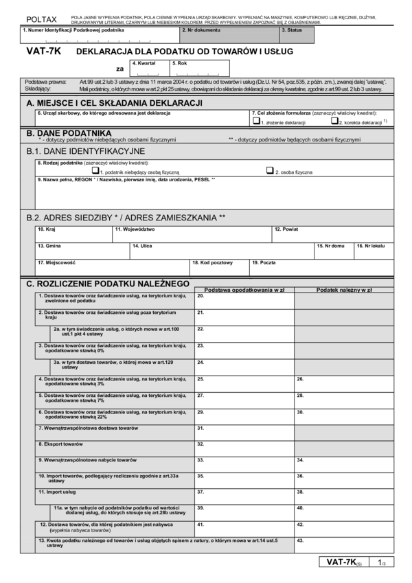 VAT-7K - Deklaracja Dla Podatku Od Towarów I Usług - Www.druki.gofin.pl