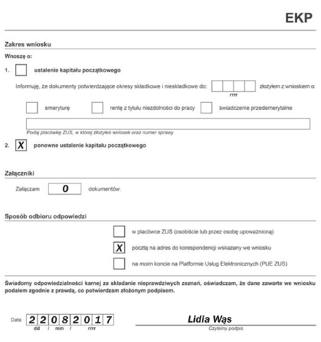Przykładowo wypełnione części formularza EKP