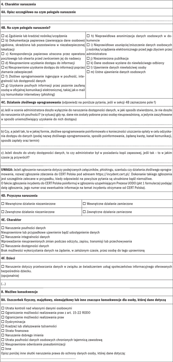 Wybrane fragmenty dedykowanego formularza elektronicznego dotyczące szczegółów naruszenia