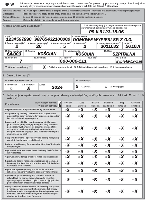 Przykładowo wypełnione fragmenty druku INF-W