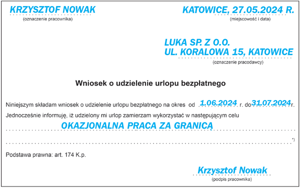 Przykładowy wzór wniosku o udzielenie urlopu bezpłatnego