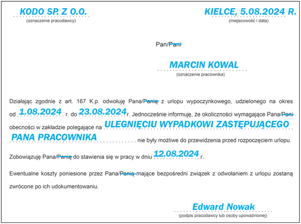 Przykładowy wzór oświadczenia pracodawcy o odwołaniu pracownika z urlopu wypoczynkowego