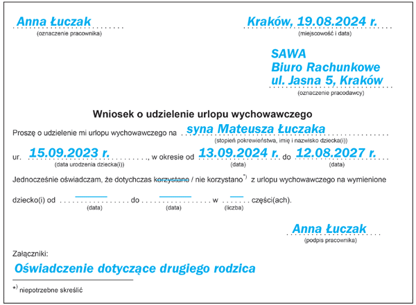 Przykładowy wzór wniosku o urlop wychowawczy