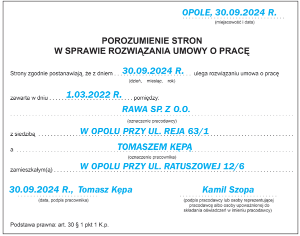 Porozumienie stron w sprawie rozwiązania umowy o pracę