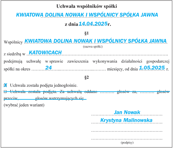 Przykład wypełnienia uchwały wspólników