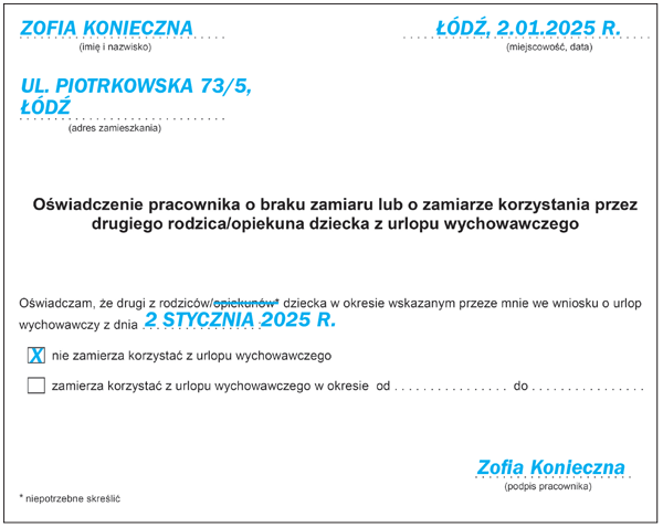 Złożenie oświadczenia w sprawie korzystania lub niekorzystania z urlopu wychowawczego