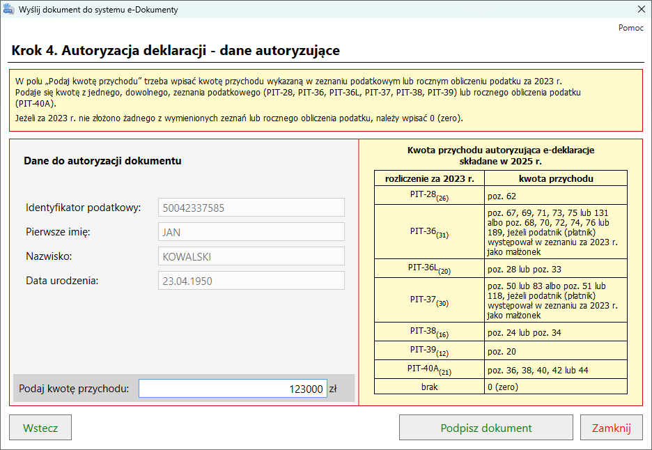 Krok 4. Autoryzacja deklaracji - dane autoryzujące
